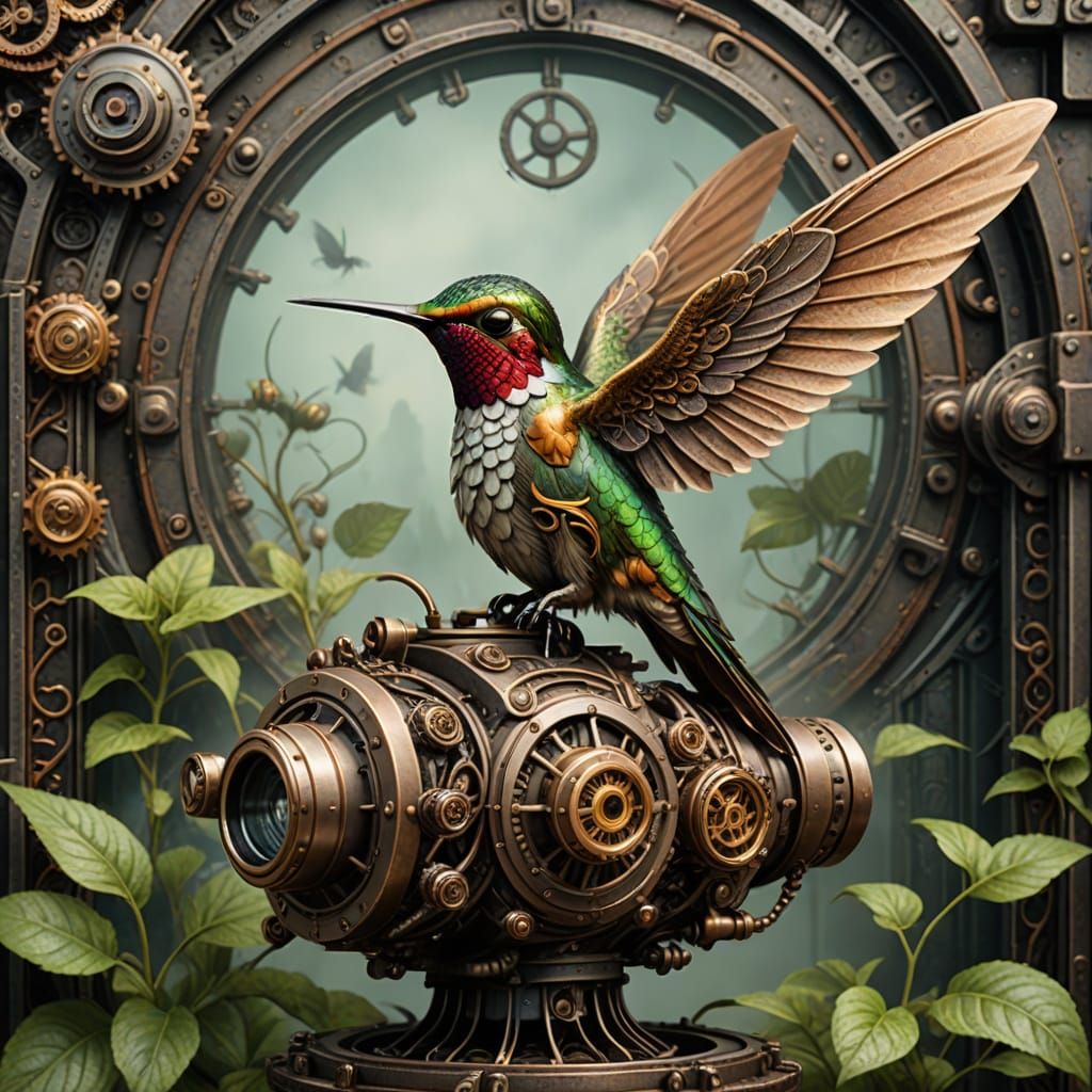 Steampunk Hummingbird in Whimsical Garden