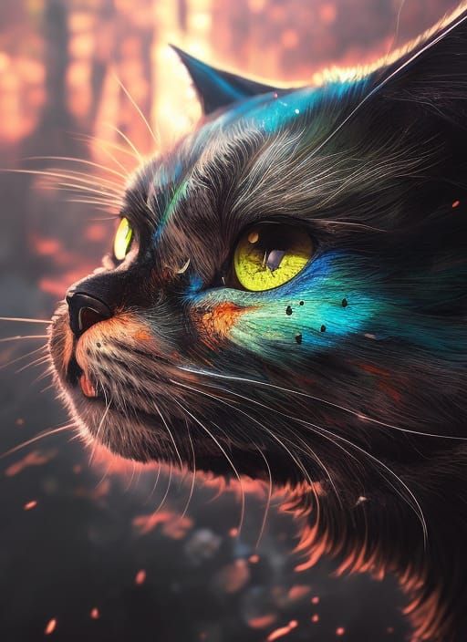 Portrait of a badass Kitten! Borderlands: thick black outlines: paper marbling! Oil splash!! Oil stained!!", intricate h...