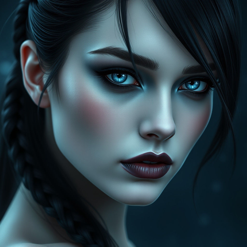 Ethereal Woman with Raven Hair in Twilight Ambiance