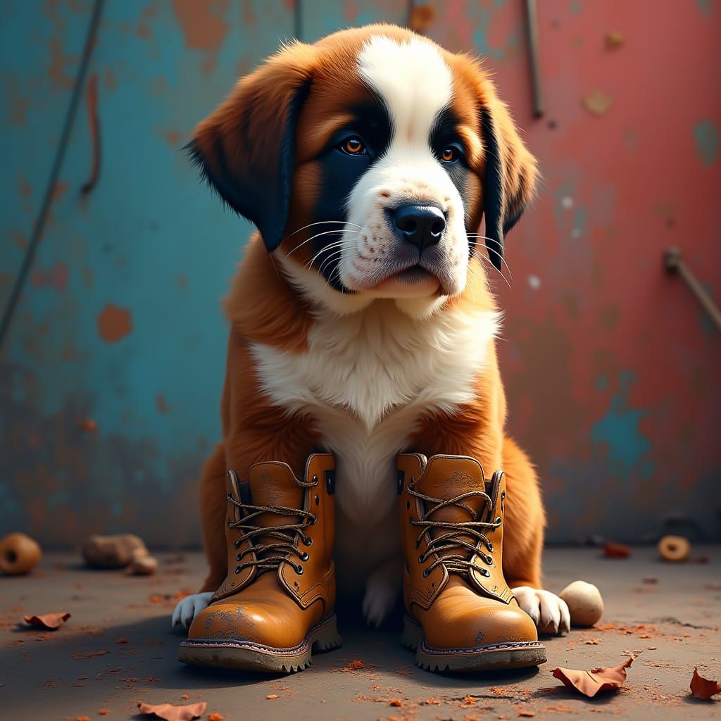 song "Big Boots" by Elvis Presley. A St.Bernard Puppy wearing  humans torn and tattered work boots Hyperrealistic, splas...