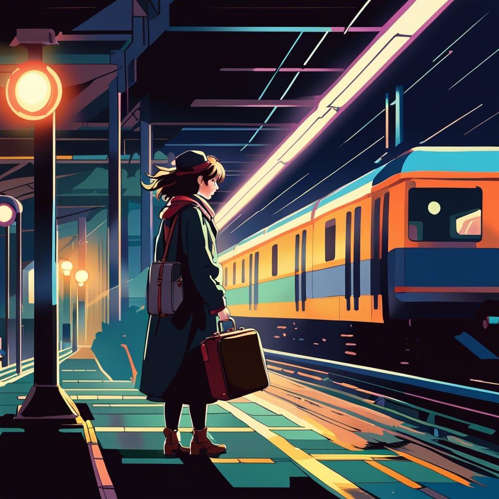 Anime Woman on Train Platform in 80s Style