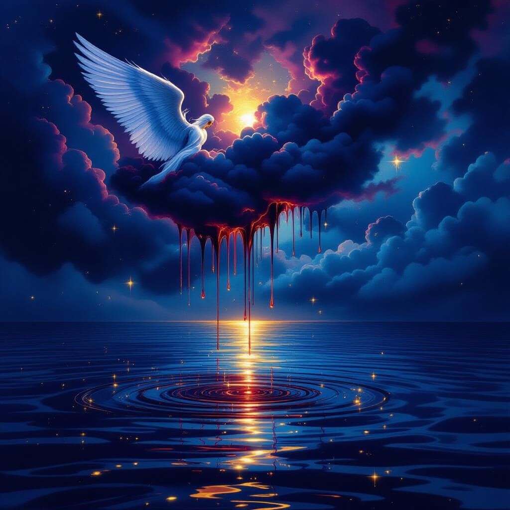 Angelic Figures Pouring Crimson into Shimmering Azure Lake