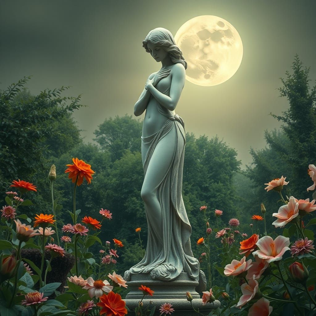 Ethereal Art Nouveau Woman Statue in Dreamy Moonlit Garden