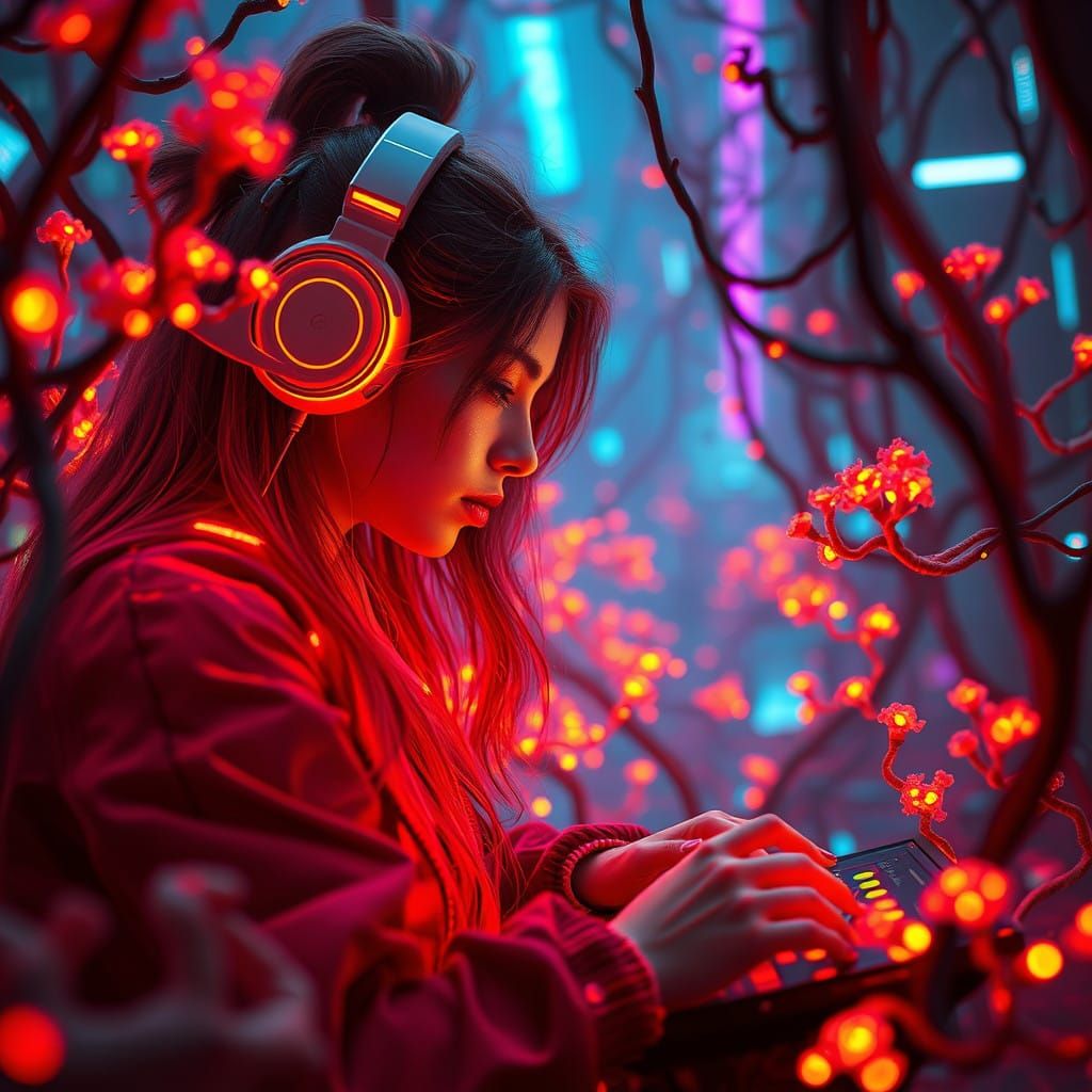 Neon-Lit Cyberpunk Goddess Taps into the Mycelium Network