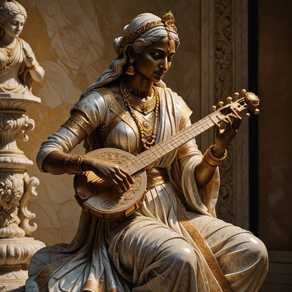 Baroque Marble Sculpture of Indian Woman Musician