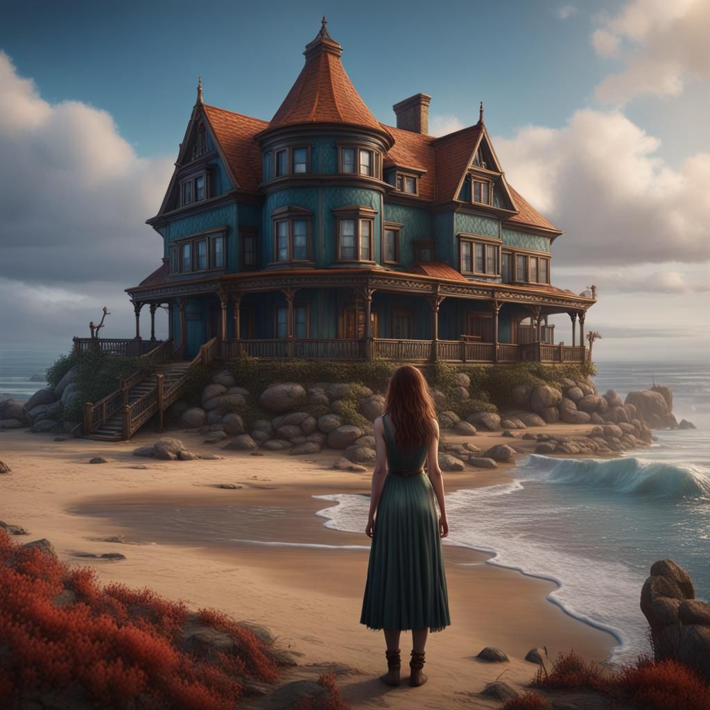Fantastic House on Seashore with Girl: Detailed Matte Painti...