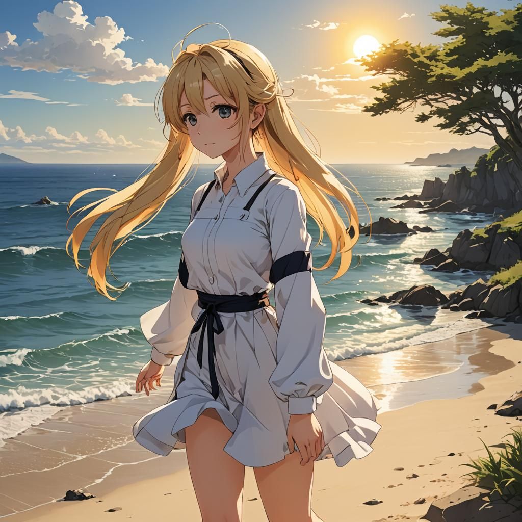 Anime Girl Sunbathing on Seashore: Manga Key Visual