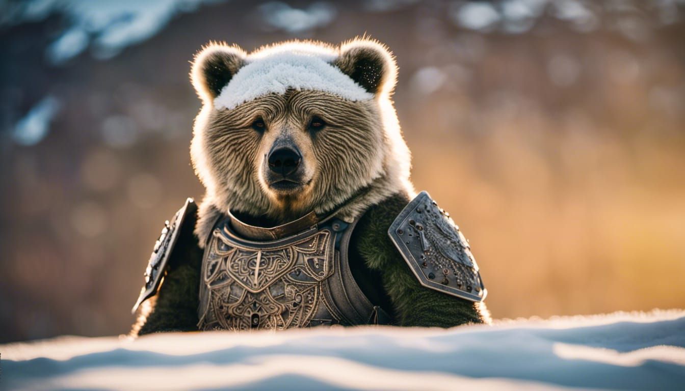 Armored Bear Cub Portrait on Alpine Sunset