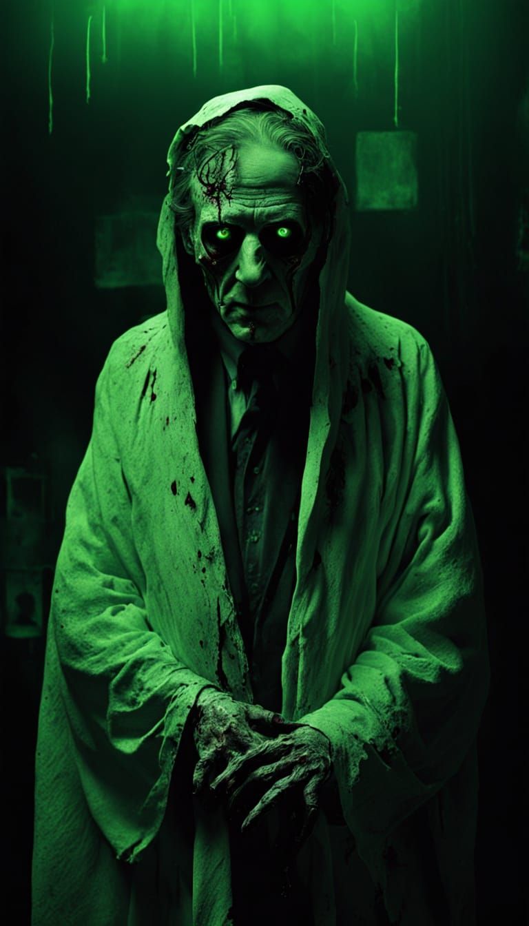 Surreal Plastic Surgeon in Tattered Robes with Sickly Green ...