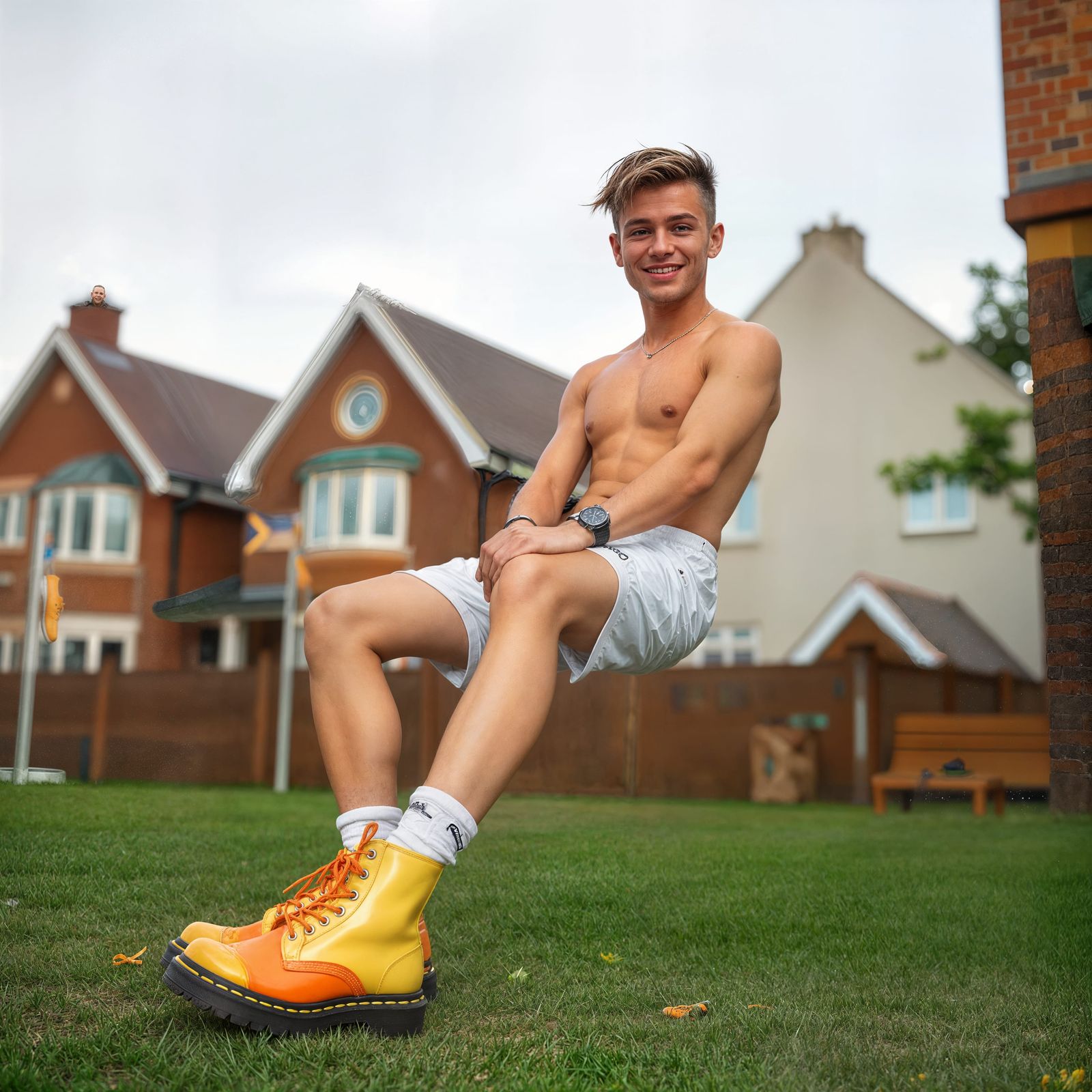 Smiling Man in Glitter Shorts and Mismatched Boots