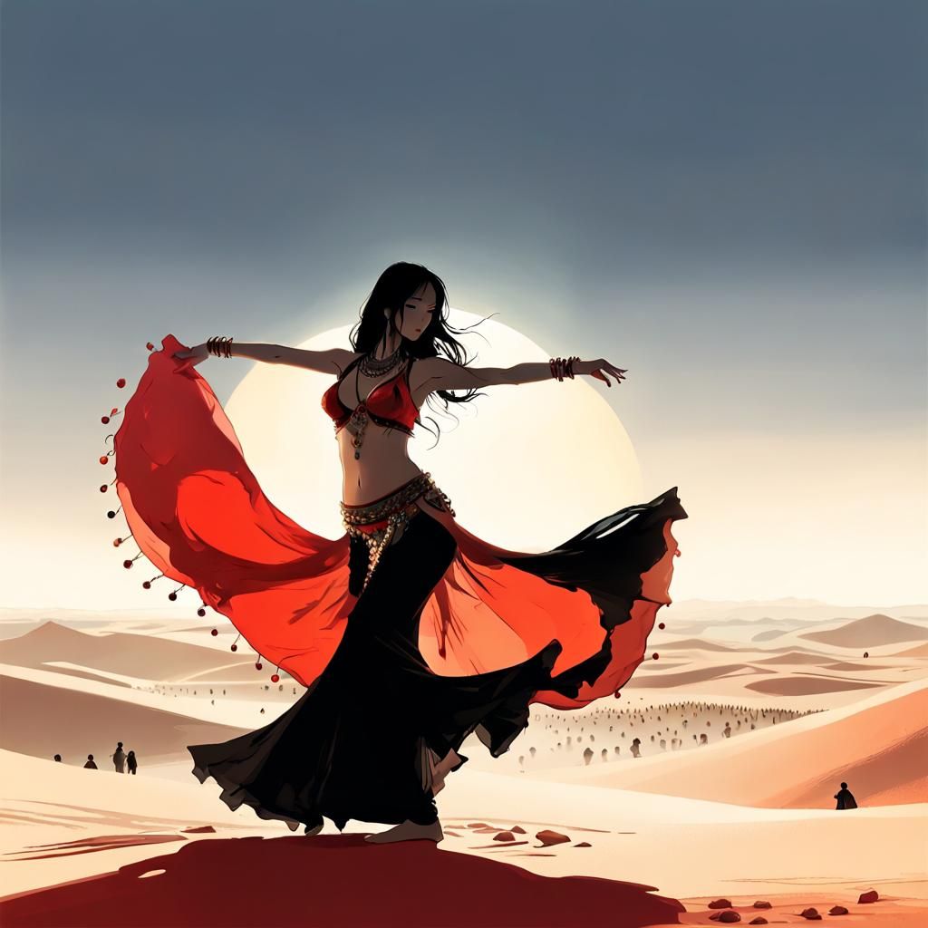 Anime Belly Dancer in Gobi Desert Silhouette