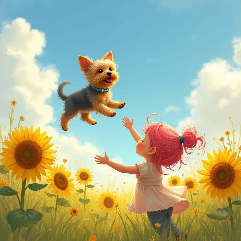 Joyful Yorkie Soars in a Field of Sunflowers