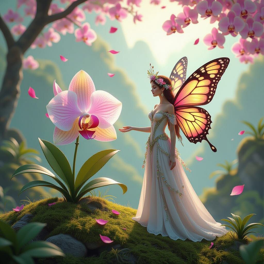 Fairy in Orchid Garden: Digital Art in Bauhaus Style