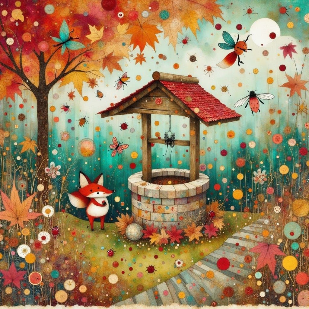 Whimsical Wishing Well in Autumn Garden