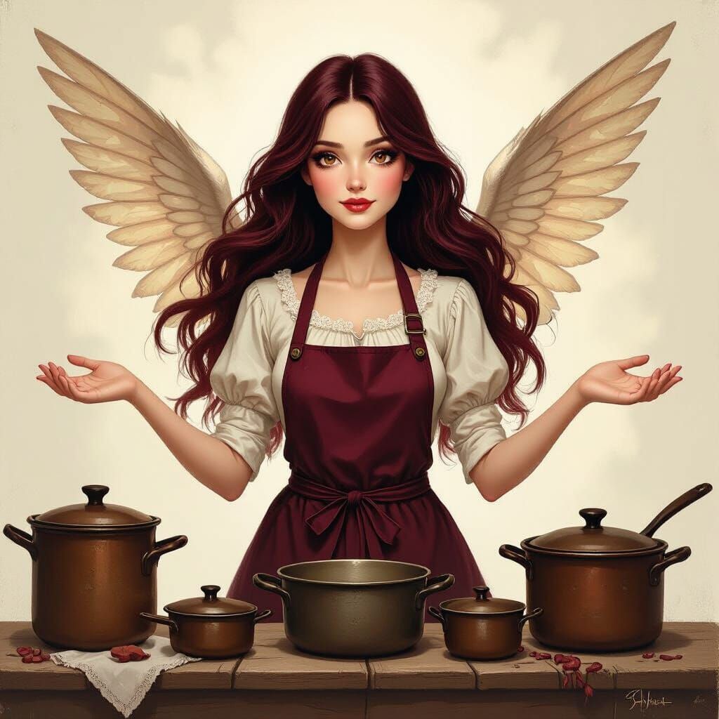 Kitchen Angel Fairytale Art Brut Style with Burgundy Hair