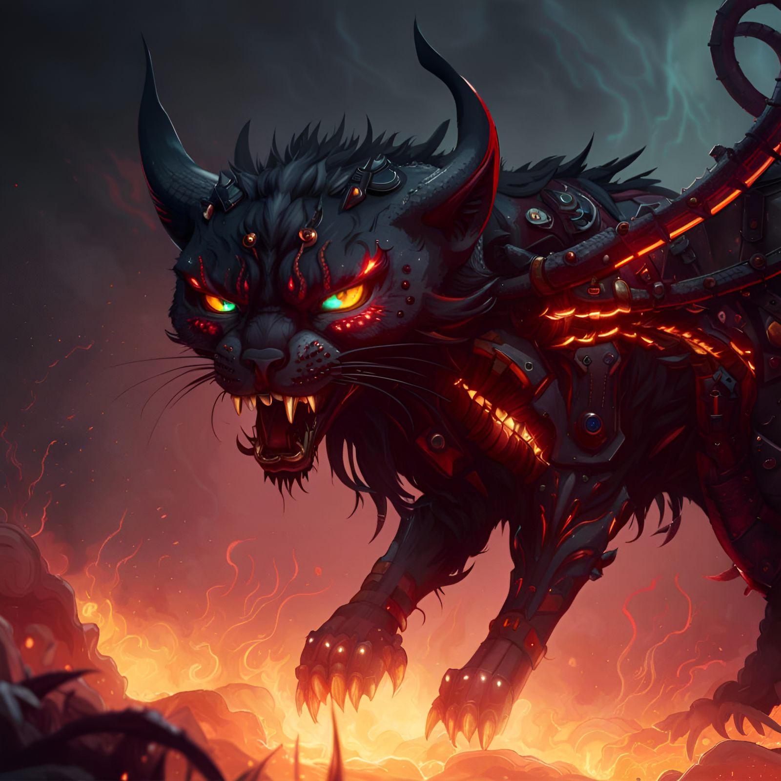 Demonic Hellcat with Glowing Eyes in Post-Apocalyptic Style