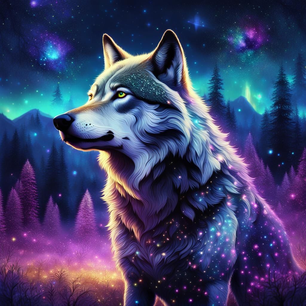 Glittering Wolf Under Aurora, Digital Art