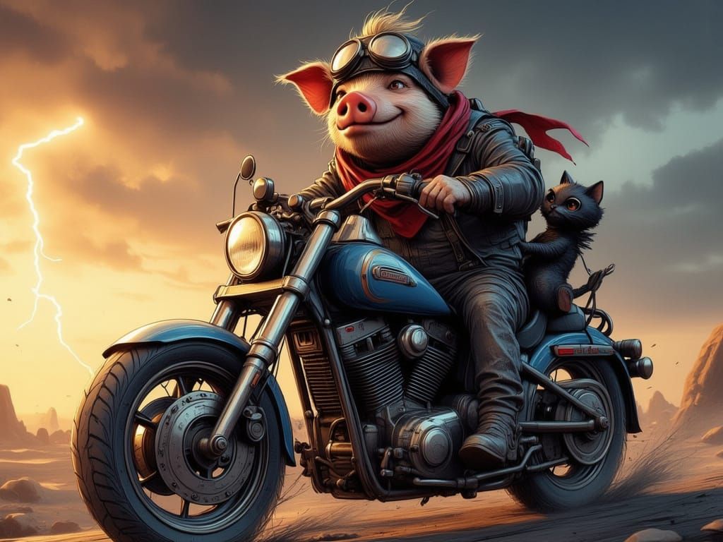 Pig Biker with Cat on Harley, Pixar Style