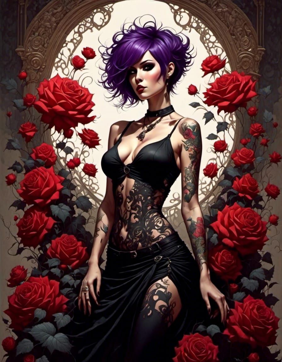 Emo Goth Flower Goddess Portrait in Surreal Style