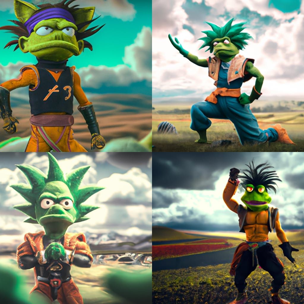 Kermit Cosplays Goku in Maximalist Digital Painting