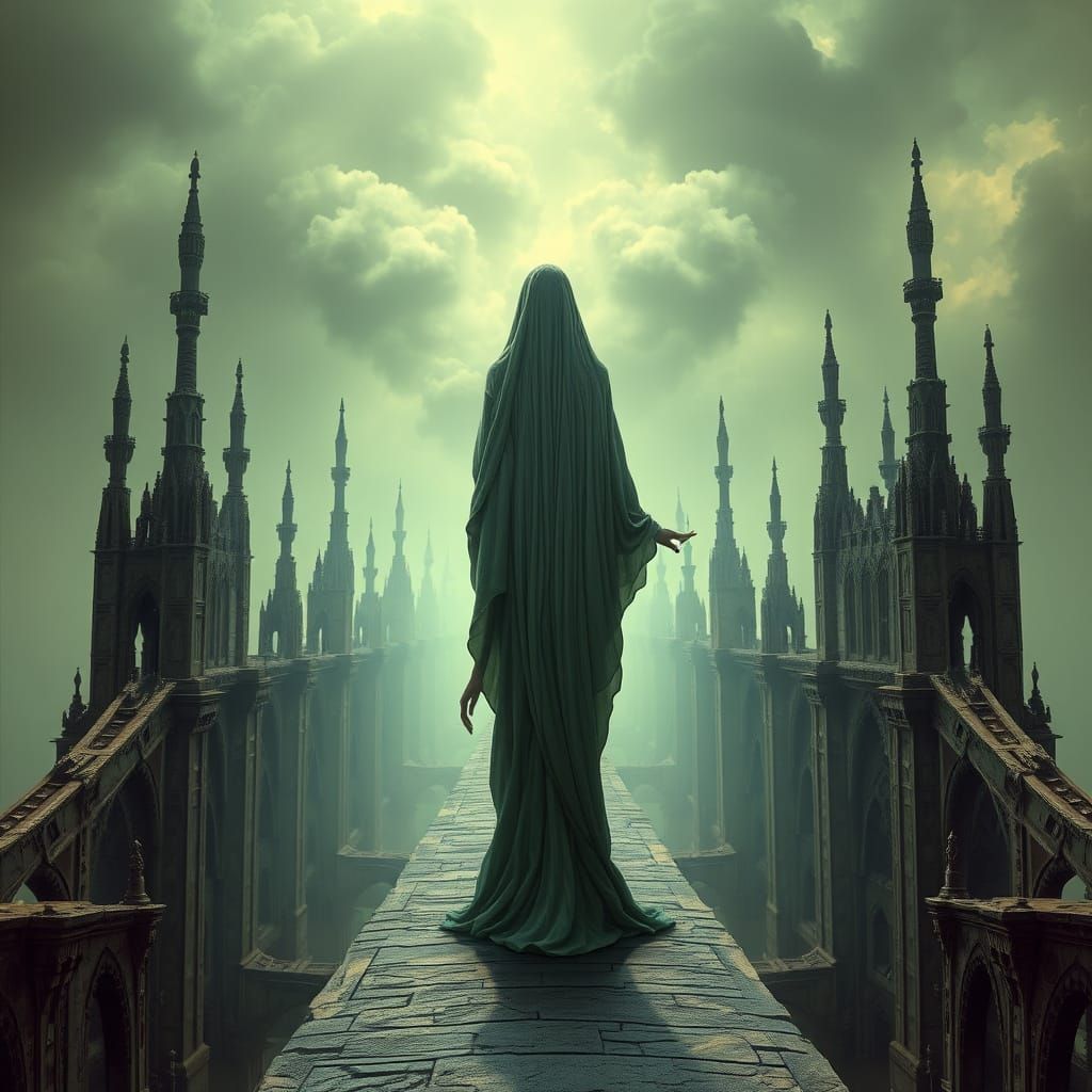 Ethereal Goddess on Gothic Bridge in Yellow-Green Glow