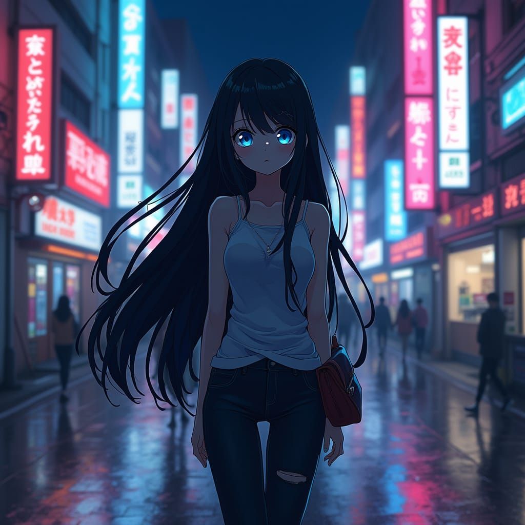 Anime Girl on Neon City Street at Night