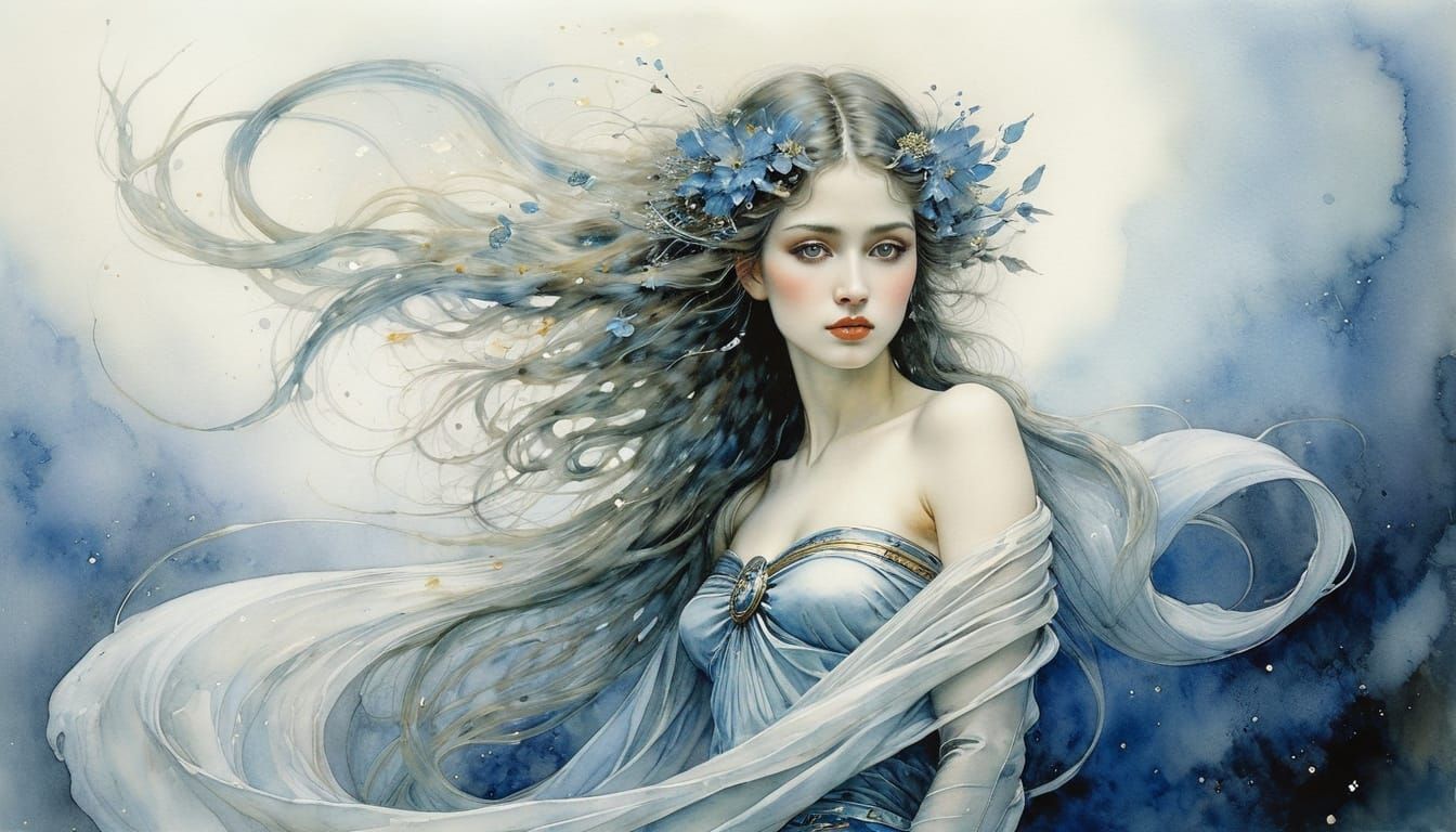 Ethereal Watercolor Nymph in Gustav Klimt Style