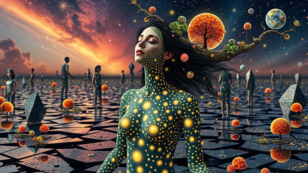 Surreal Dots Goddess in Ecosystem Landscape
