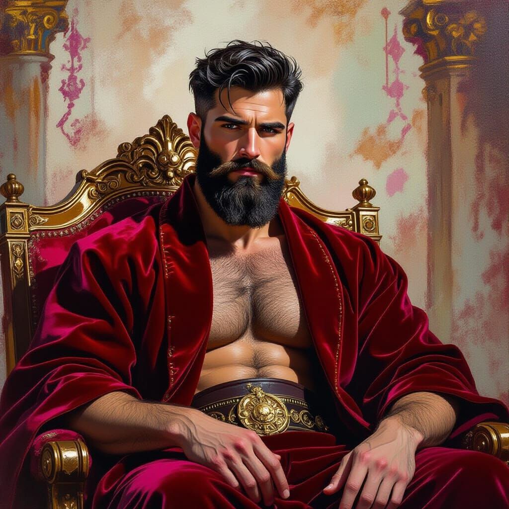 Bearded Man in Red Robe: Neo-Impressionist Oil Painting