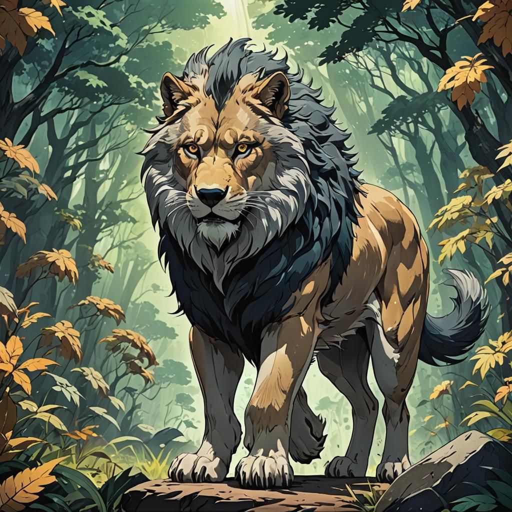 Wolf-Lion Hybrid in Anime Style