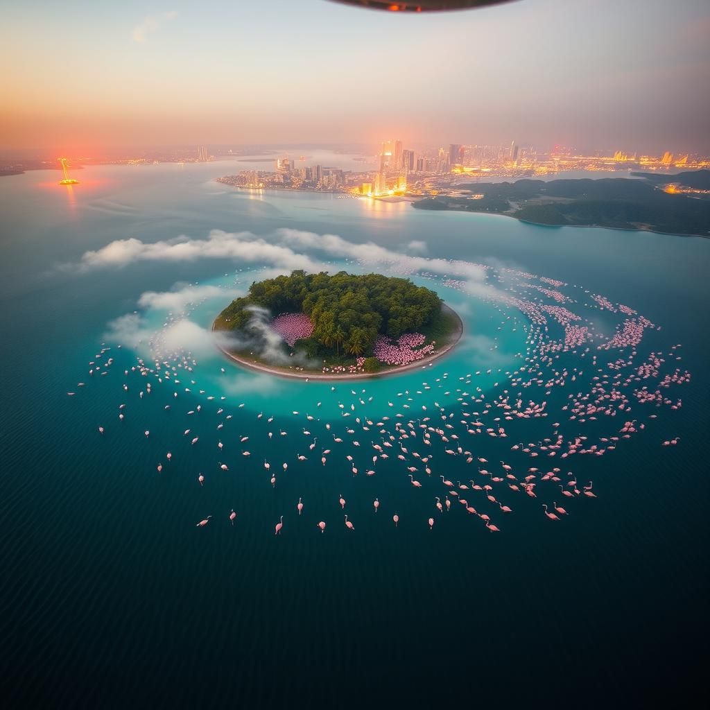 Island of Flamingos at Dusk: An Aerial Photograph