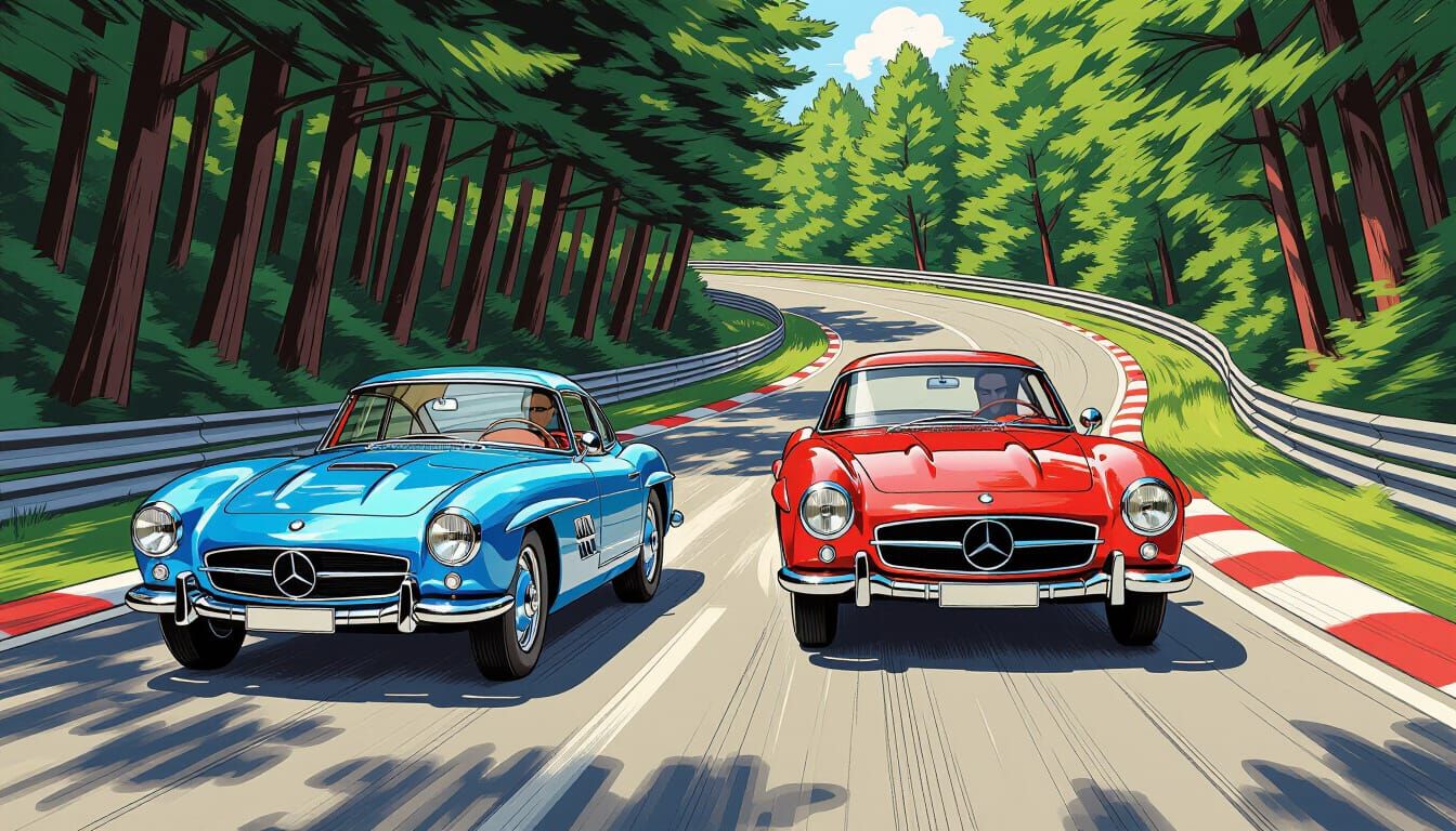 Vintage BMW vs Mercedes Race in Comic Book Style