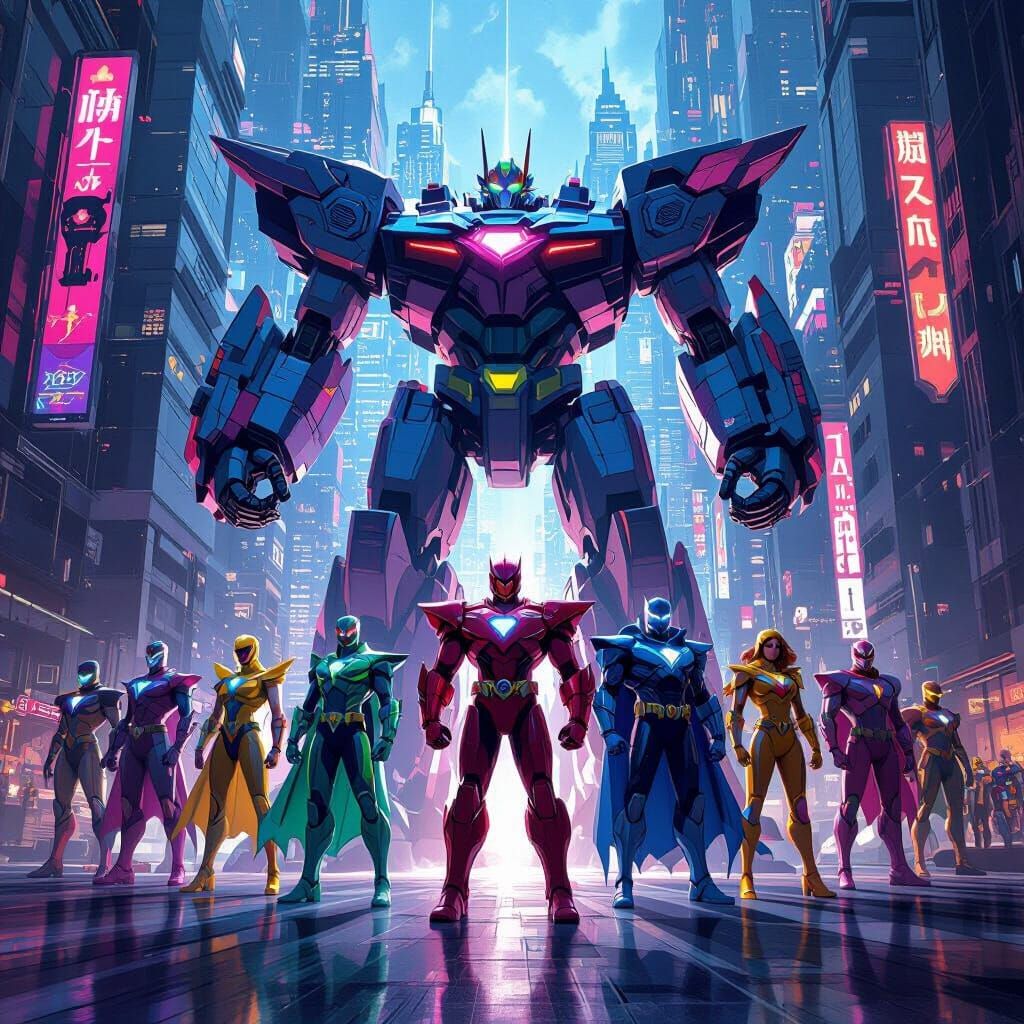 Superheroes Unite with Giant Robots in Futuristic City