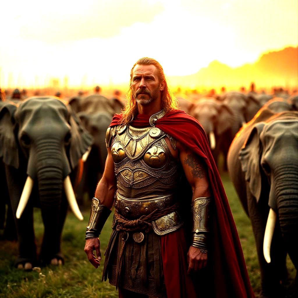 Epic Cinematic Still of Hannibal and War Elephants in Dramat...