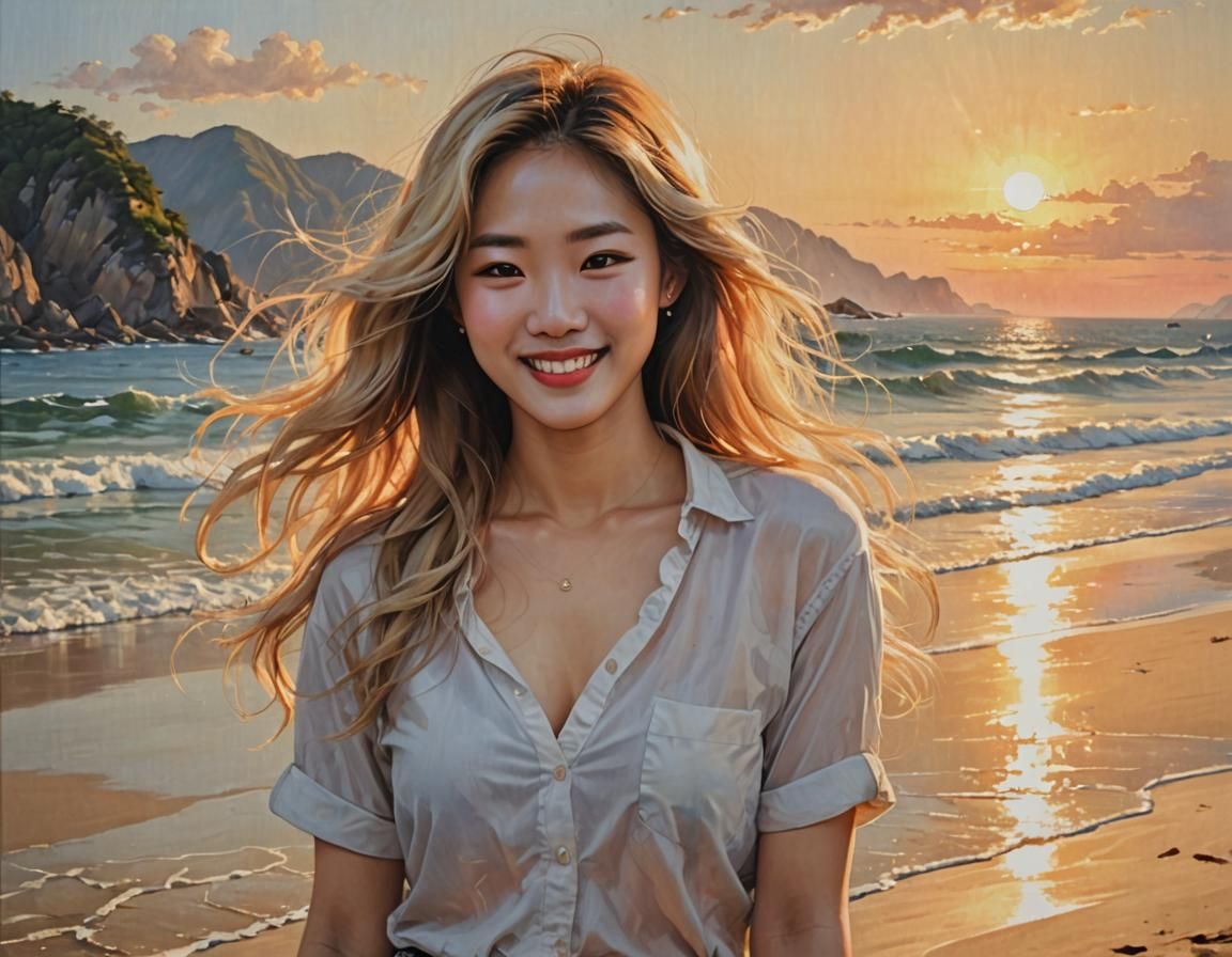 Radiant Korean Woman at Sunset: Detailed Oil Painting