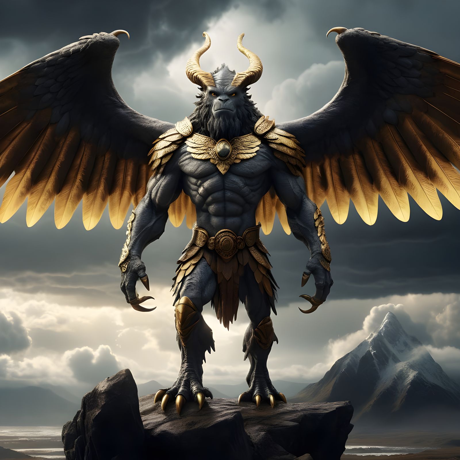 Majestic Kyzaryth Guardian in Stormy Landscape, Digital Art