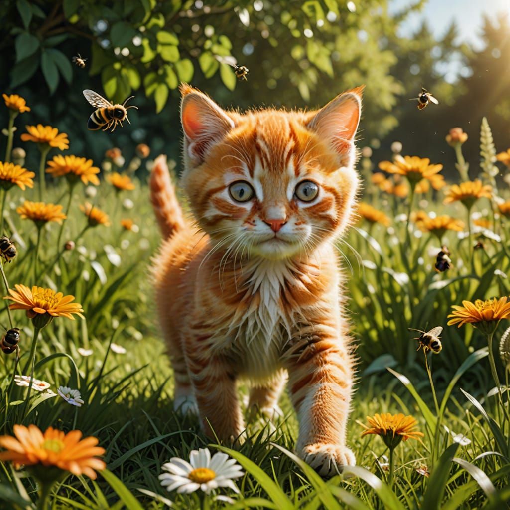 Vibrant Orange Kitten Chases Bumble Bee in Sunny Summer Scen...