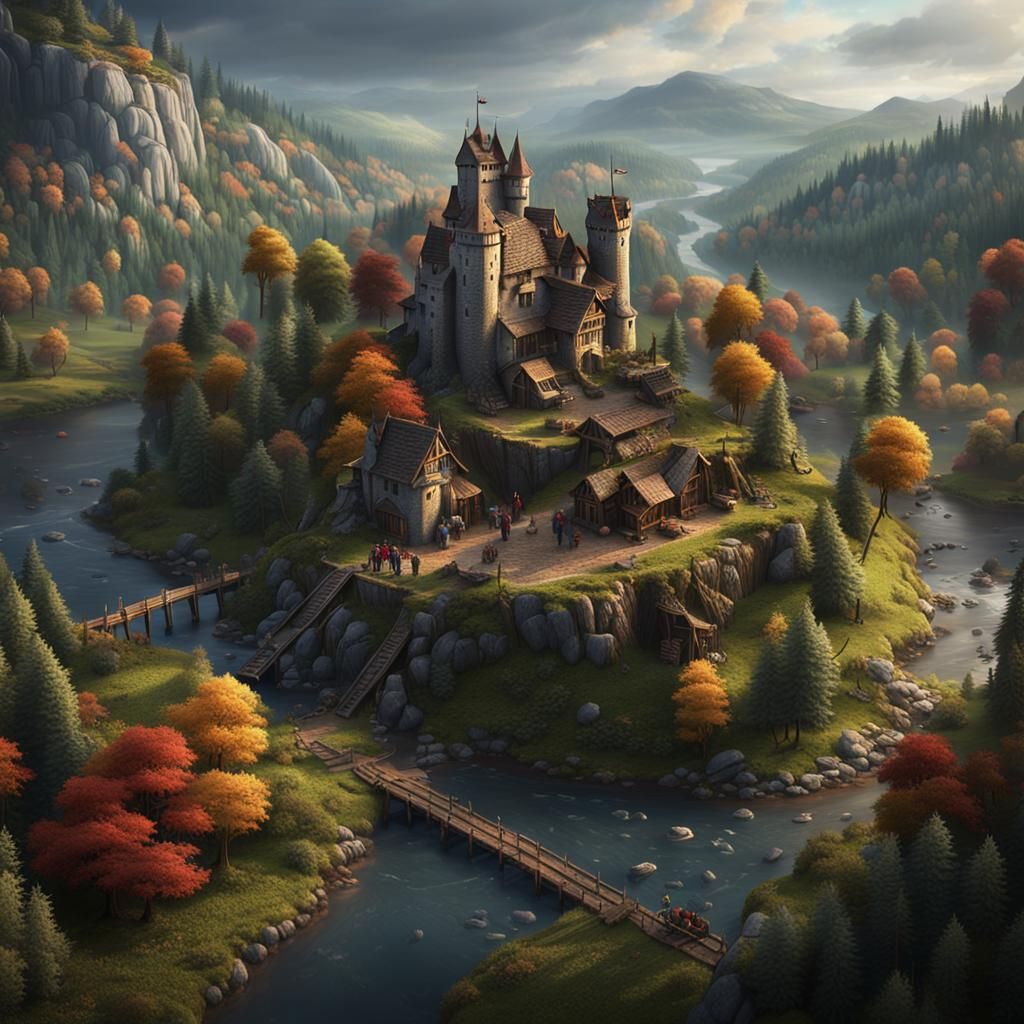 Lumberjack Village with Castle, Matte Painting