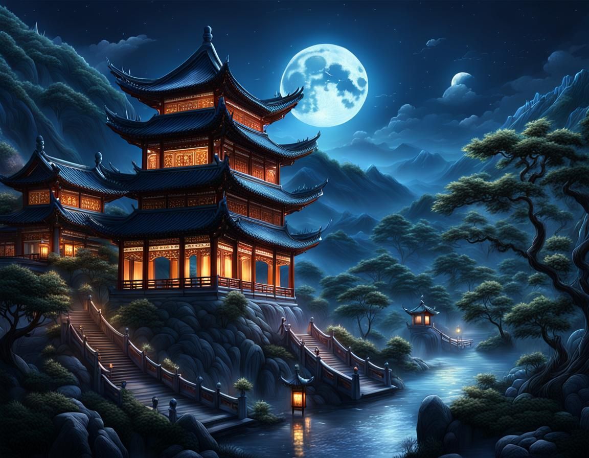 Moonlit Chinese Landscape: Detailed Matte Painting