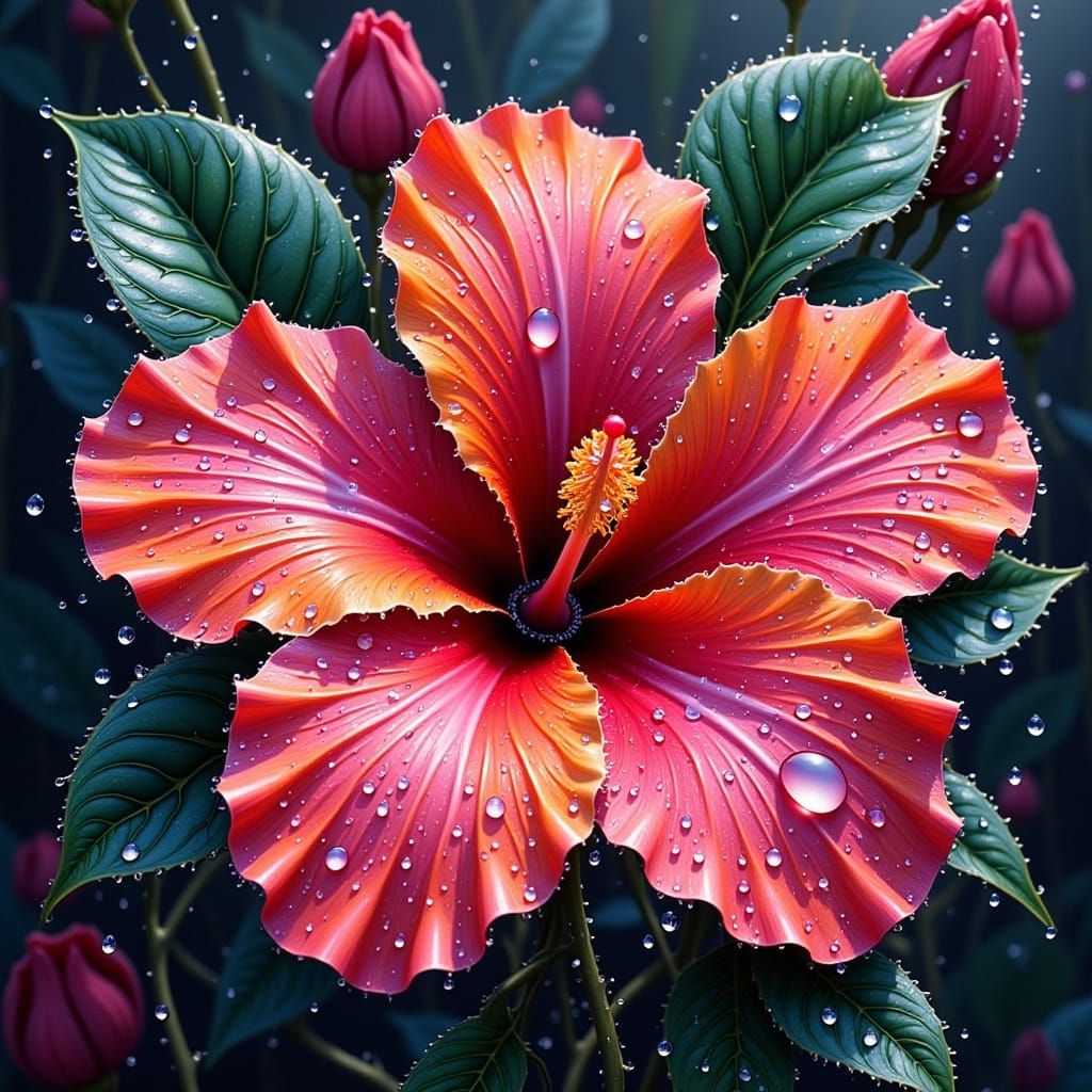Close Up Hibiscus Petal with Raindrop in Vibrant Graffiti St...