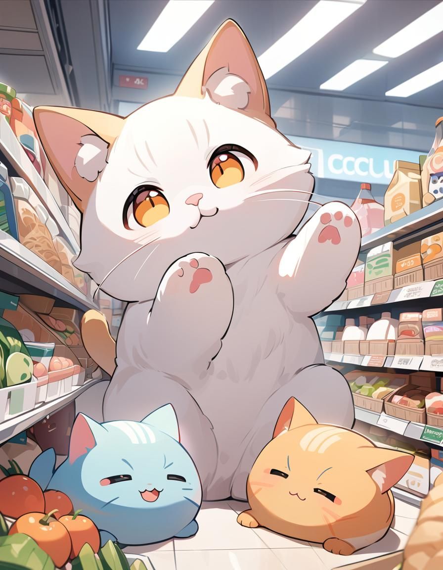 Adorable Cat Shopping at a Colorful Grocery Store