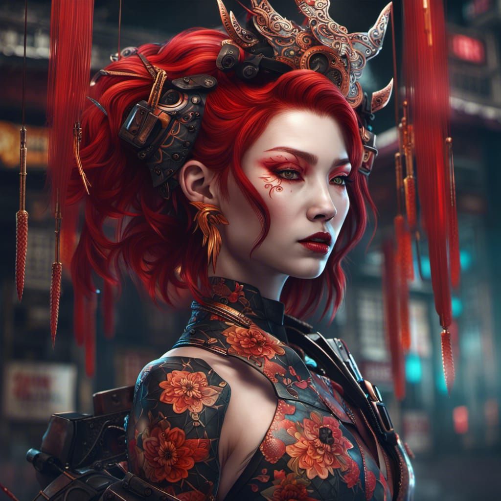Cyberpunk Geisha Warrior with Red Hair and Tattoos