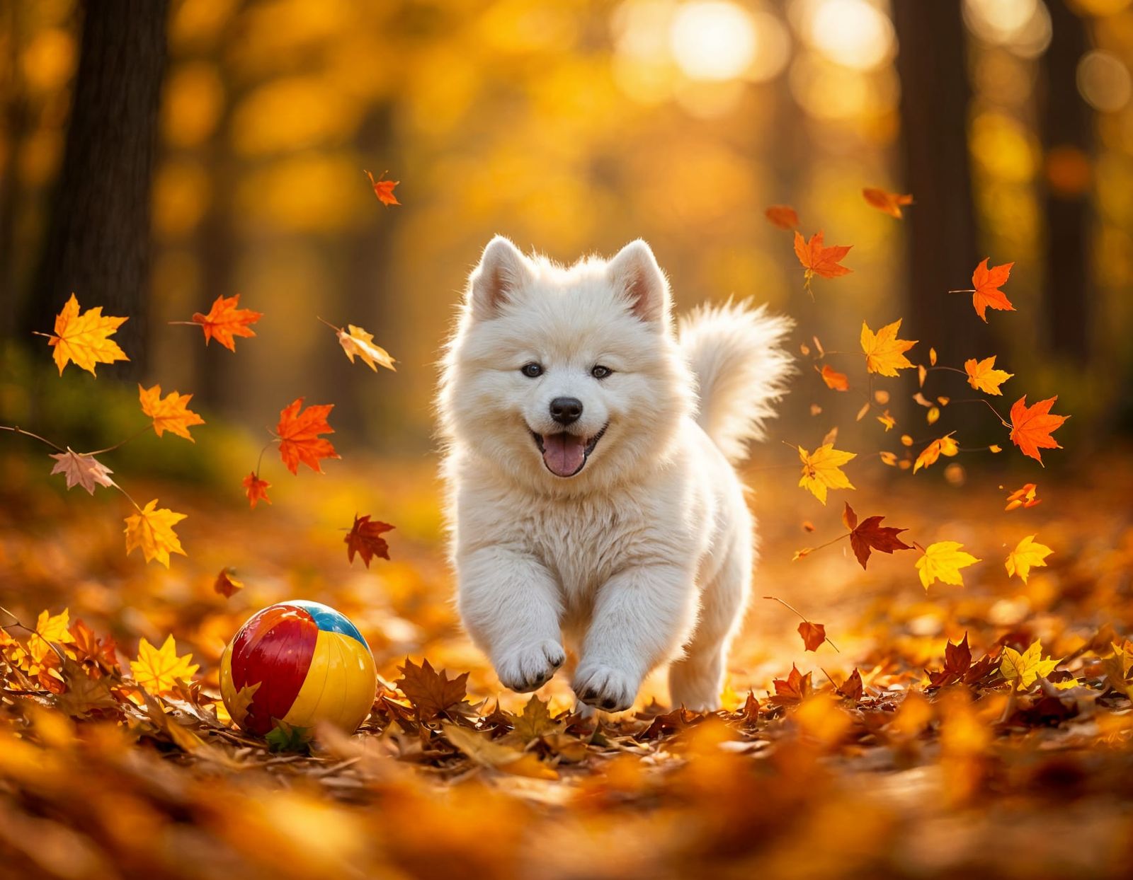 Samoyed Puppy Chases Ball in Autumn Forest