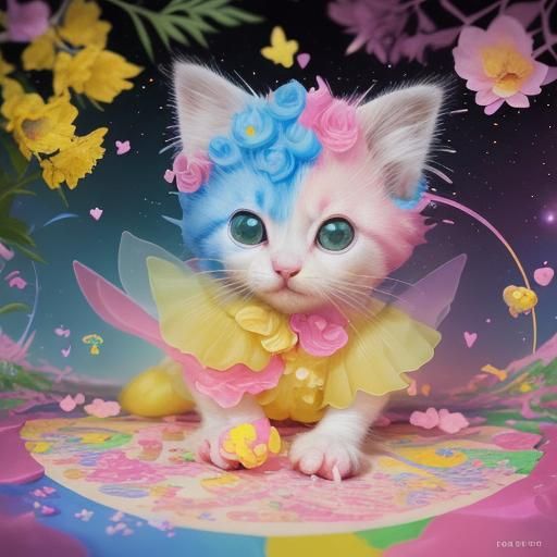 Whimsical Kitten in Candyland Forest: Digital Illustration