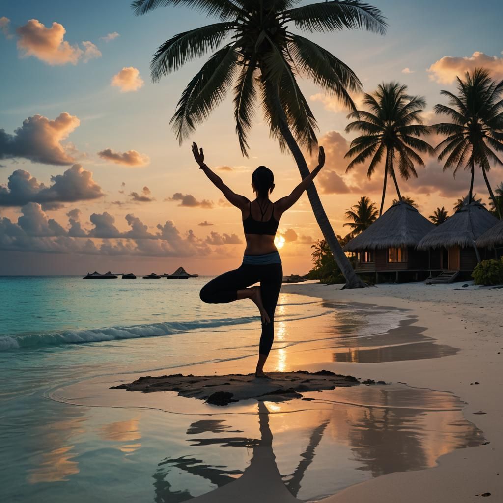 Woman in Yoga Pose on Tropical Beach, Digital Art
