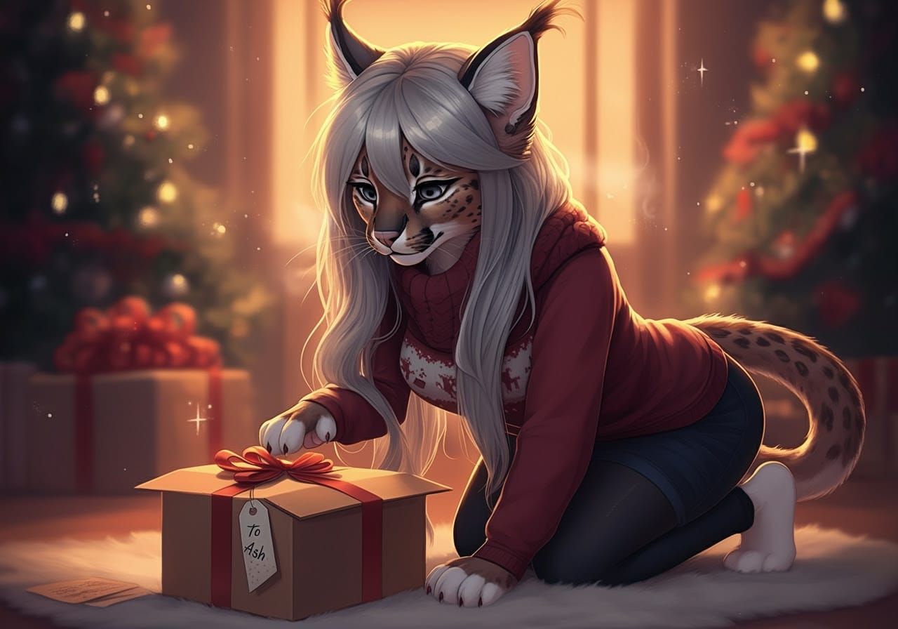 Whimsical Anime Caracal Unwraps Gift with Sparkling Magic
