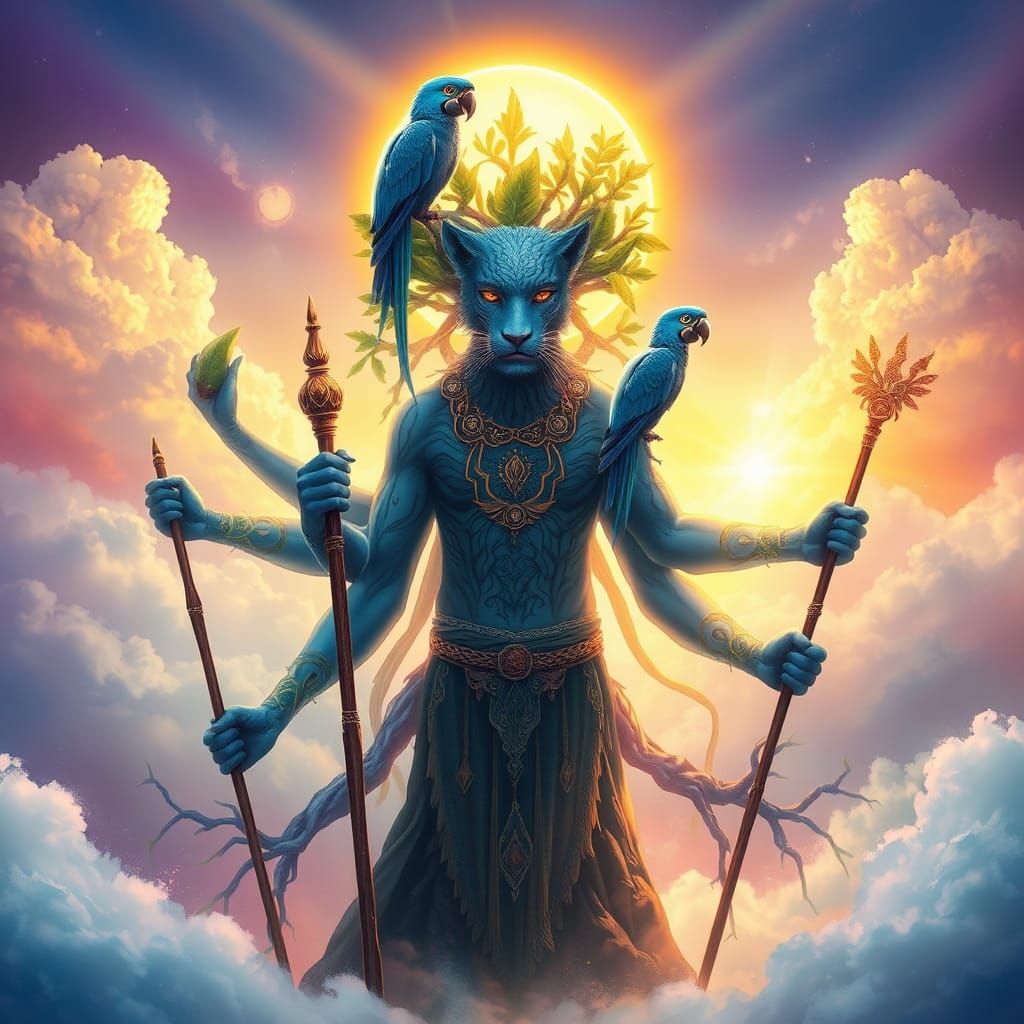 Blue Leopard Shaman in Dreamlike Landscape