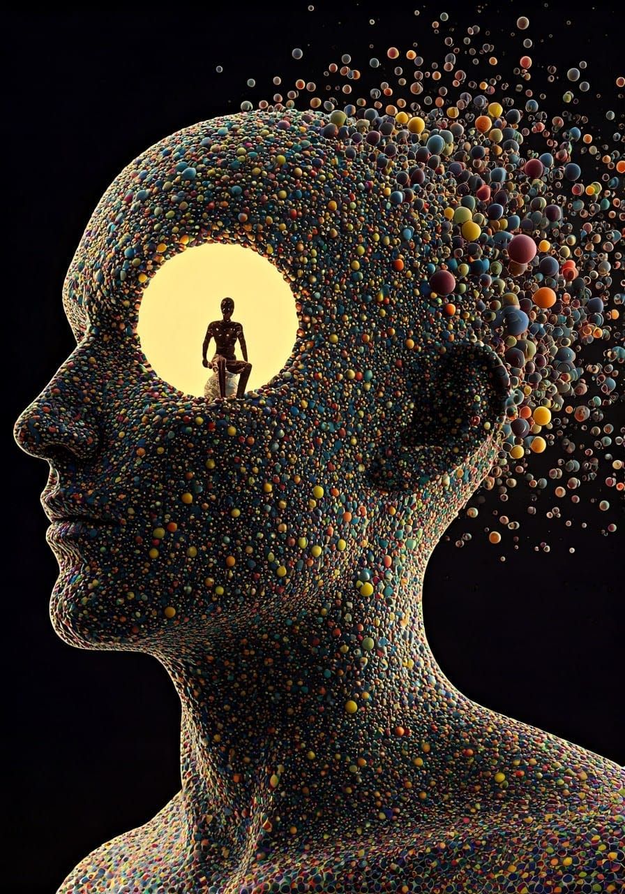Pointillist Humanoid Figure on Orb in Head