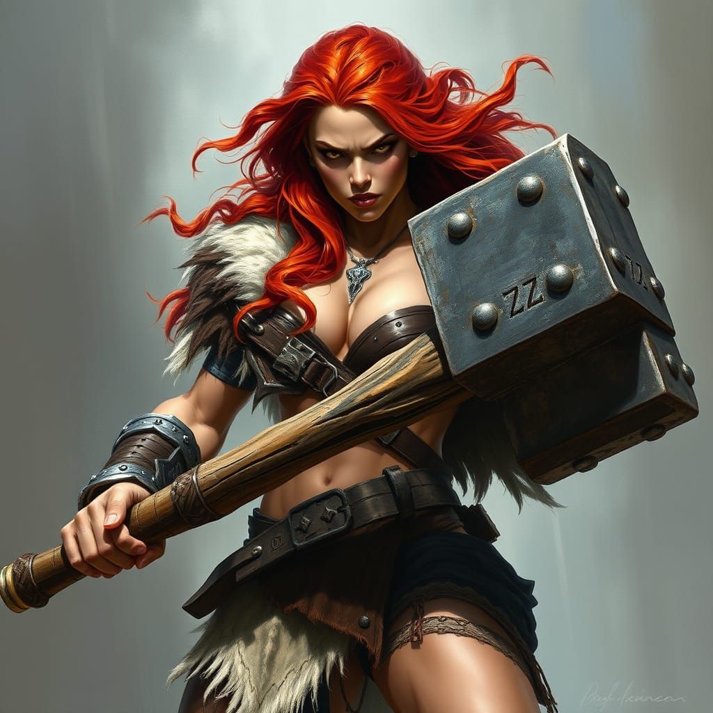 Fierce Female Barbarian Wields Ancient Warhammer