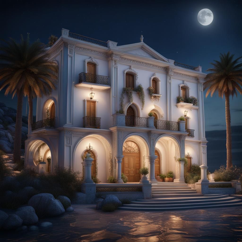 Mediterranean Villa at Night: Detailed Matte Painting